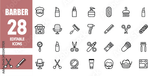 Collection of barber shop icons featuring tools and equipment for hair styling and grooming services
