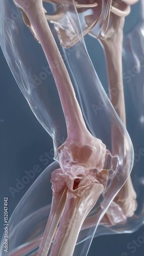 Human leg bones and knee joint anatomy showcased through translucent rendering for educational material or medical illustration use