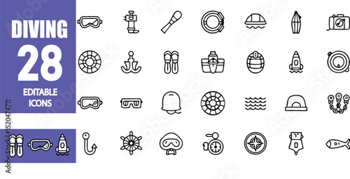 Collection of diving icons including goggles, life preserver, and scuba gear in a grid layout