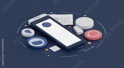 Smartphone with blank screen surrounded by digital icons and elements.