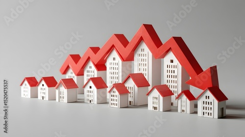 Real Estate Market Decline Illustrated by Red Arrow Descending Over Miniature Houses on a Grey Background