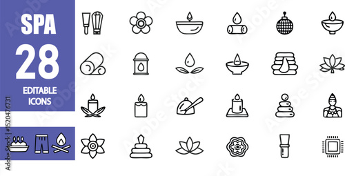 Collection of spa and wellness icons featuring candles flowers and relaxation related symbols in outline style
