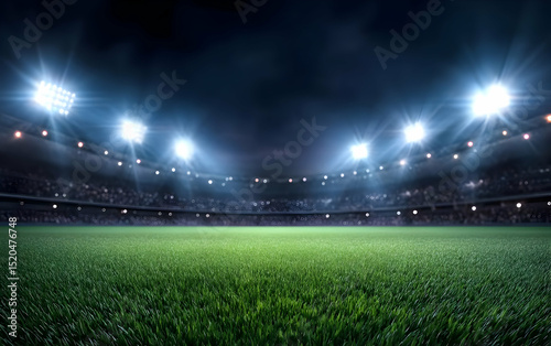 Vibrant football stadium with bright lights illuminating a fresh green field, ready for an exciting match.