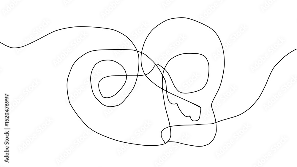 Obraz premium Abstract one-line drawing of a stylized skull with spiral eyes, created in minimalist black line art style on a white background.