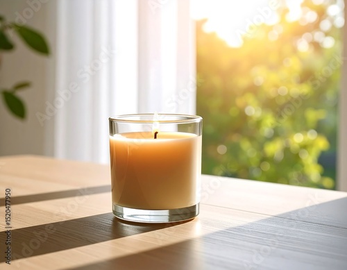 Candle on table by window