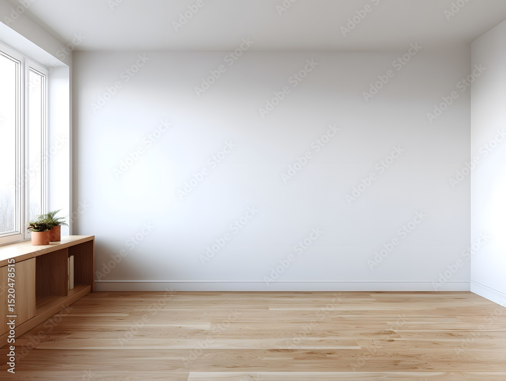 Fototapeta premium A minimalist room with a wooden floor, white walls, and a window sill adorned with a small potted plant.