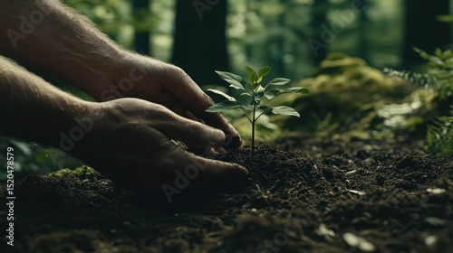 Planting a sapling in the forest photo