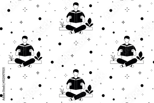 Repetitive hand-drawn pattern of a man reading a book while sitting cross-legged among plants, decorative stars and dots, creating a serene and engaging atmosphere