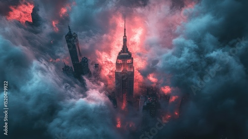 City shrouded in dramatic clouds