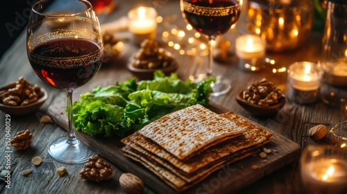Festive Seder Table with Wine and Matzah