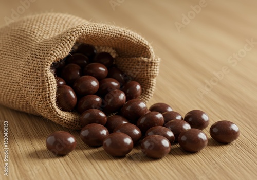 Chocolate balls spilling from burlap sack on wooden surface