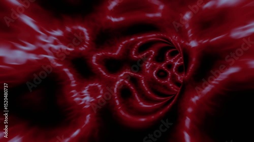 3D render of a rapid journey through a dark red organic tunnel, with pulsating light patterns illuminating its textured walls, evoking a sense of mystery and movement.