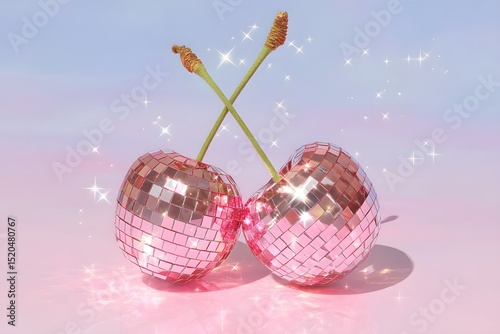Two pink disco ball cherries with glittering reflections and sparkles on a soft pastel background