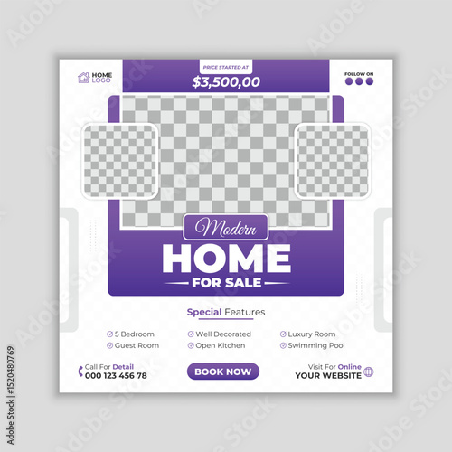 Real estate and interior social media post layout with purple.