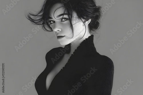 A black and white portrait of a woman with tousled hair wearing a high-necked sweater, showcasing her confident gaze and elegant posture.