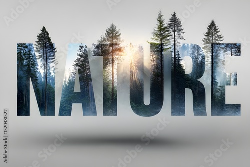 The word 'NATURE' creatively composed with a forest scene and sunlight streaming through the trees, symbolizing the beauty and serenity of the natural world.