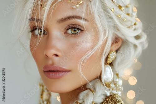 A stunning woman with blonde hair adorned with gold and pearl accessories, showcasing a glamorous and elegant look.