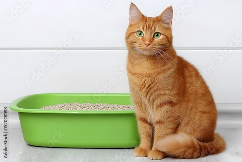 An orange tabby cat with green eyes sitting next to a green litter box filled with white litter on a wooden floor