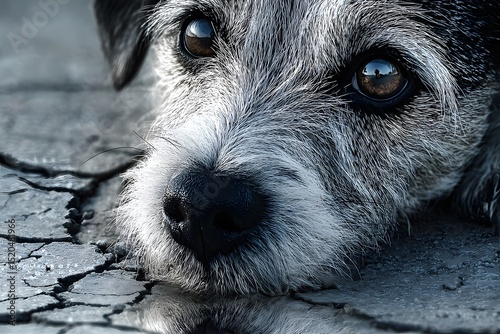 A close-up photograph of a small dog with expressive eyes lying on a cracked pavement, capturing the essence of its gentle and contemplative demeanor.