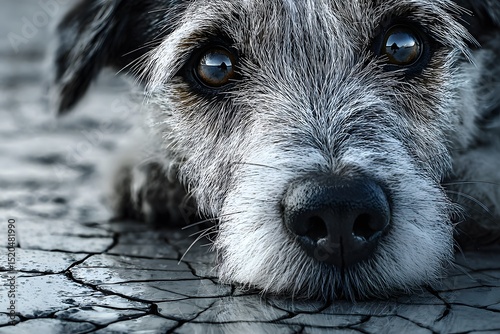 A close-up portrait of a grey and white dog with expressive eyes lying on a cracked pavement.