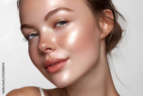 A close-up portrait of a young woman with glowing skin, freckles, and a gentle smile against a white background.