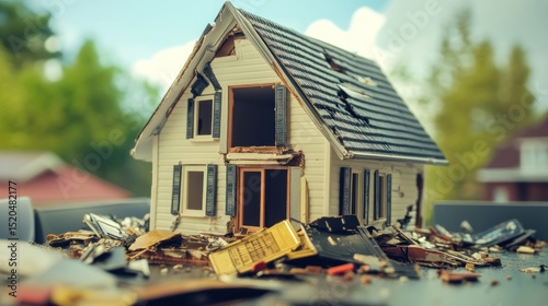 Damaged model house amidst debris