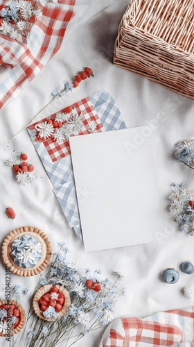 A cozy picnic setup with a red and white checkered blanket, dried flowers, blueberries, strawberries, and a wicker basket on a white background