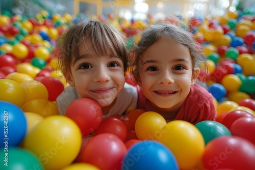 Two happy children enjoying themselves in a colorful ball pit at an indoor playground