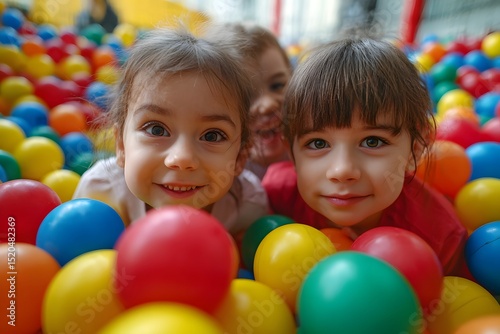 Two young children smiling and looking at the camera while surrounded by colorful plastic balls in an indoor playground.