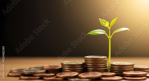A small green plant growing from a stack of coins, symbolizing financial growth and sustainability against a soft, blurred background.