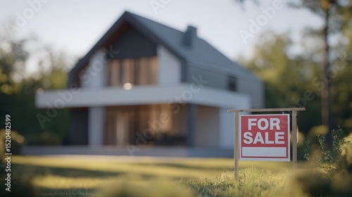 Modern two-story house with a for sale sign in the foreground, surrounded by greenery and bathed in warm sunlight.