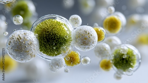 Microscopic View of Various Cells and Microorganisms in a Liquid Environment, Depicting Cellular Structures and Interactions