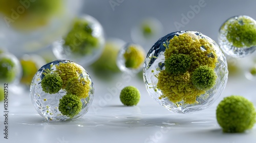 Spherical glass orbs containing vibrant green and yellow moss-like structures suspended in a clear liquid, creating a visually captivating and futuristic scene.