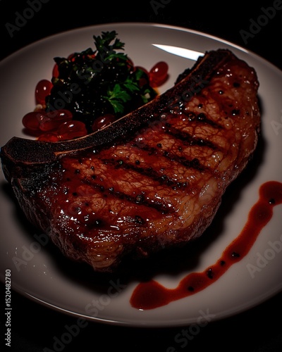 Futuristic cuisine plate with lab-grown steak, glowing seaweed, and nutrient gels served in clinical style under soft studio light.