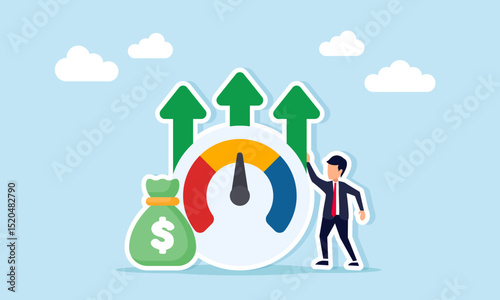 Businessman standing next to money sack and level indicator with rising arrow illustration of monitoring business financial performance