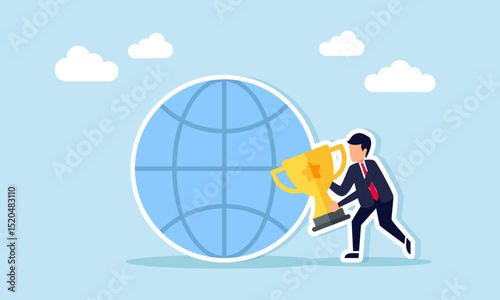 Businessman standing beside globe holding trophy illustration of leading company international business sector