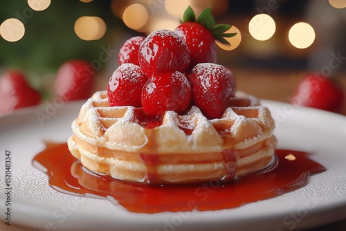 Delicious Strawberry Waffle with Syrup and Whipped Cream - Perfect Holiday Breakfast or Dessert Treat