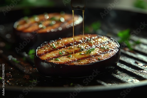 Grilled Eggplant Recipe. Healthy Vegetarian Mediterranean Dish with Olive Oil and Aromatic Herbs