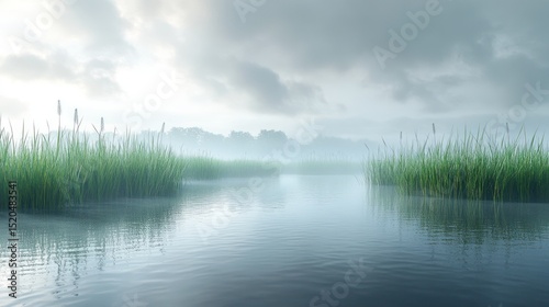Misty morning over a tranquil lake