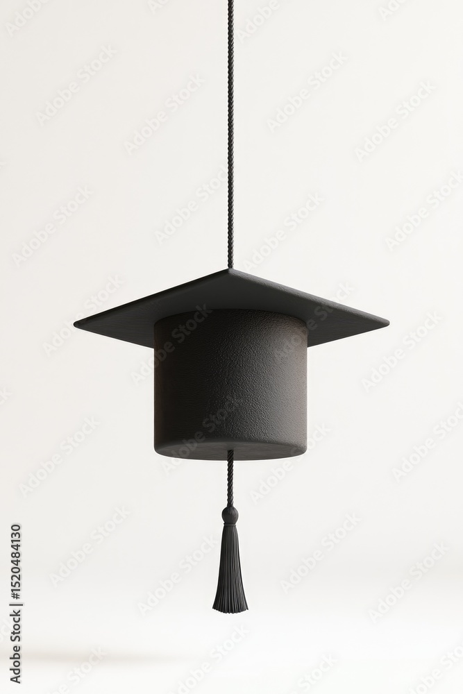 A black graduation cap hangs from a thin cord against a minimalist white background; a simple, elegant depiction of academic achievement A black graduation cap hangs from a thin cord against a minimalist white background; a simple, elegant depiction of academic achievement