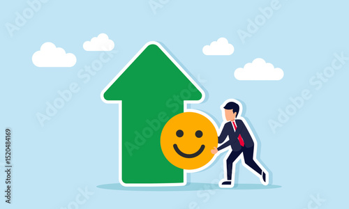 Businessman holding happy emoticon next to upward arrow illustration of positive market attention to business products and services