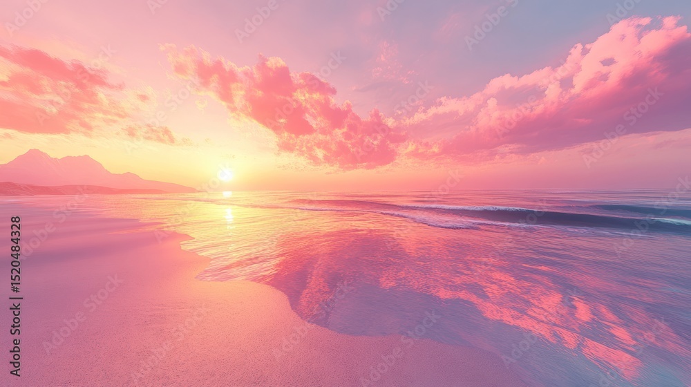 Fototapeta premium Pink Sunset Beach Sunrise Scene, Calm Ocean, Dramatic Clouds, Peaceful Vacation