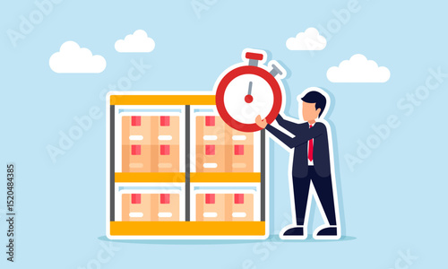 Businessman holding stopwatch near package box shelf illustration of timeline and schedule related to logistics package delivery