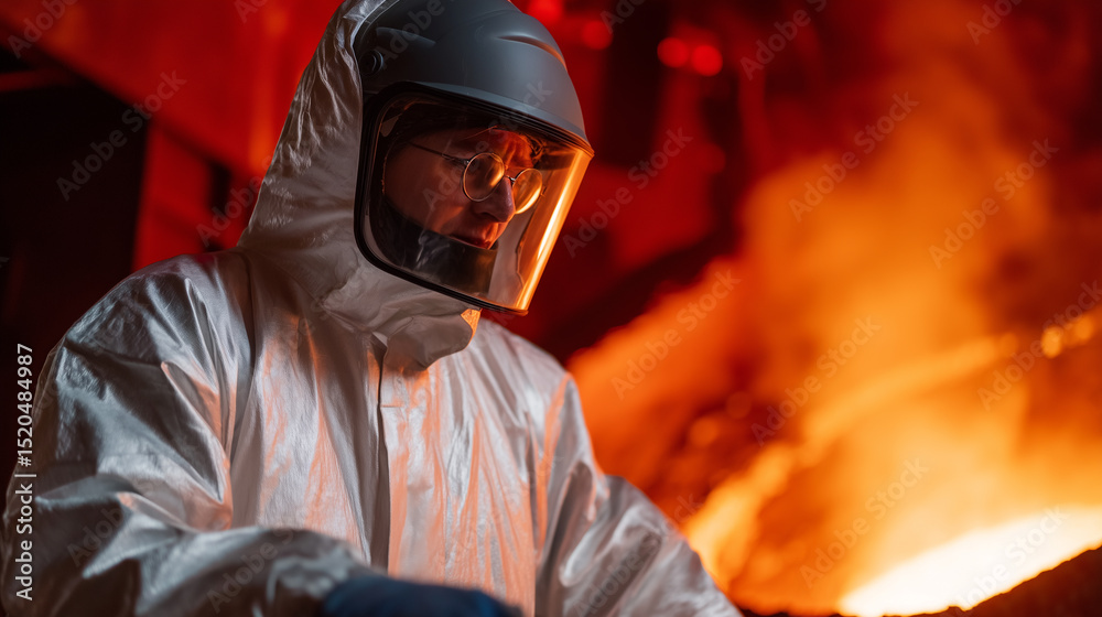 Fototapeta premium Technician in Heat-Resistant Suit Working with High-Temperature Equipment