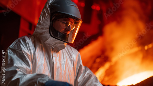 Technician in Heat-Resistant Suit Working with High-Temperature Equipment