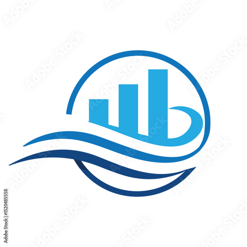 The image shows a flat logo design that depicts a graph bar on a circle with three wavy lines. It looks clean in blue color combo on white background and can be used for financial planner logo.