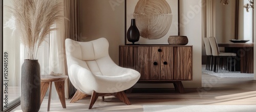 Stylish compositon of modern living room interior with frotte armchair, wooden commode, side table and elegant home accessories. photo