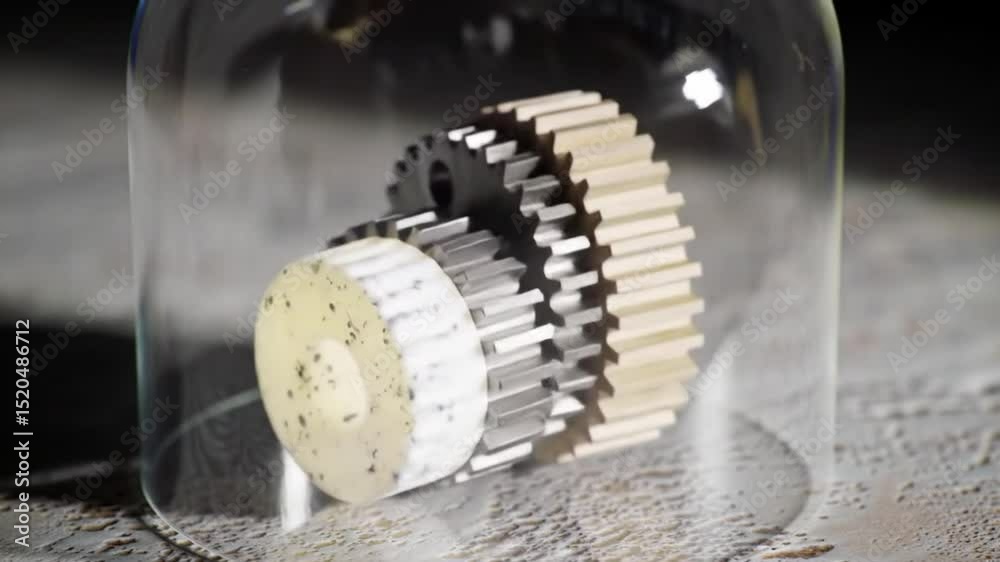 Rotating Interlocking Gears of Diverse Materials Inside a Glass Dome with Dynamic Lighting