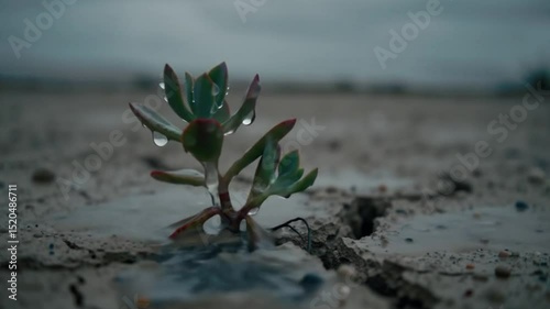 Solitary Plant in Desolate Dry Earth Surrounded by Falling Raindrops and Moistening Soil photo