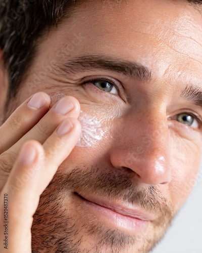 Man applying face moisturizer. Healthy grooming habits for clear, hydrated skin.